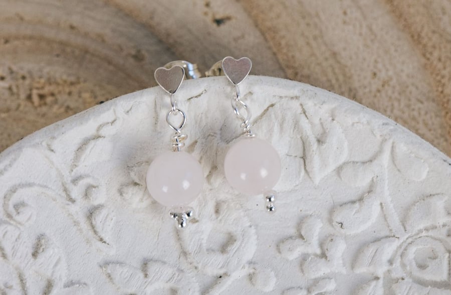 Rose Quartz Heart Drop Stud Earrings