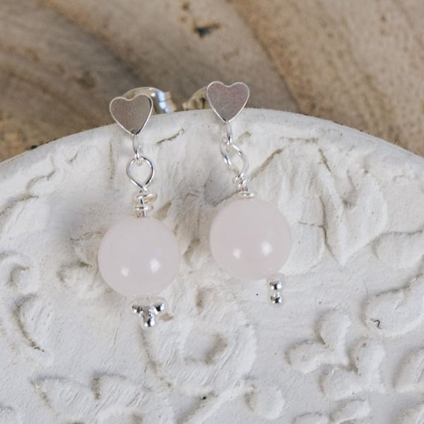 Rose Quartz Heart Drop Stud Earrings