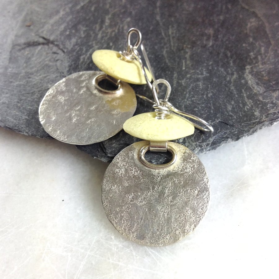 Large silver disc earrings with African glass 