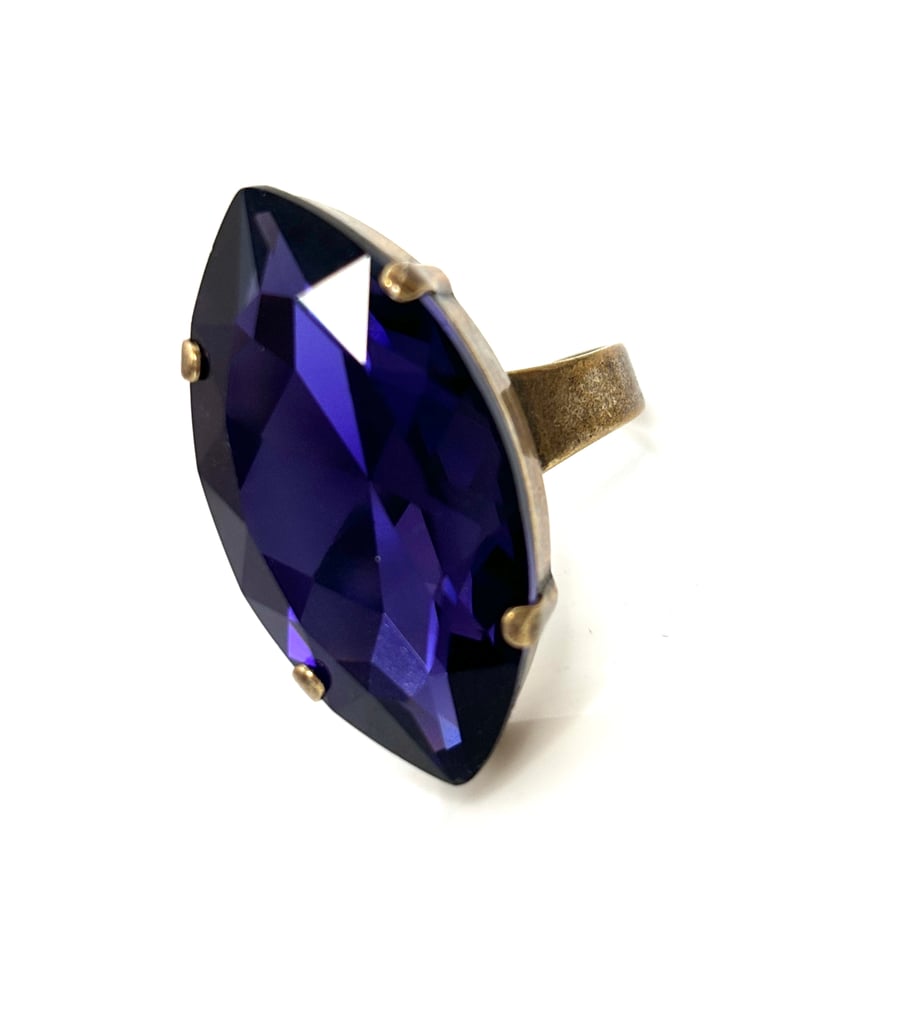Large Dark Purple Crystal Antique Brass Ring, Statement Ring