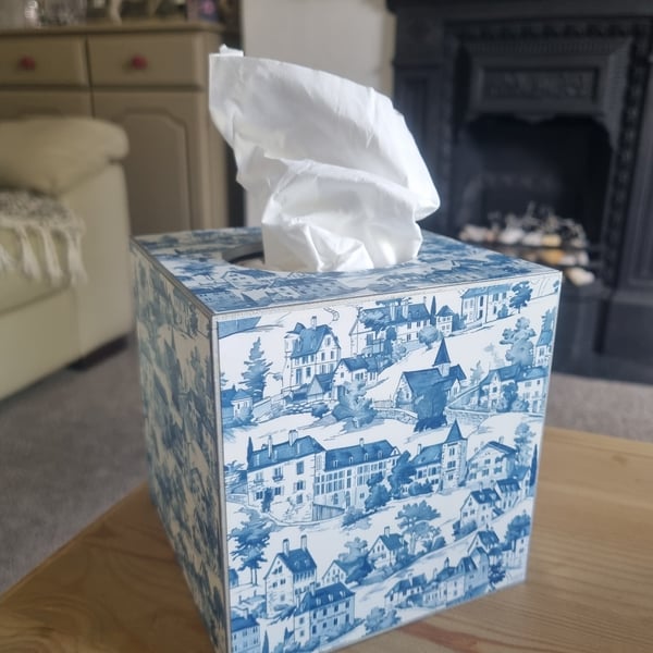 Gorgeous Blue Toile Effect Decorated Tissue Box Cover