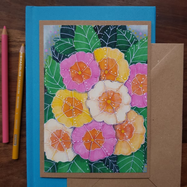 Cheerful primroses - blank card from original artwork 