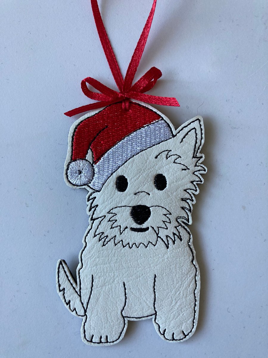 740. Westie with Santa hat Christmas tree hanging ornament.