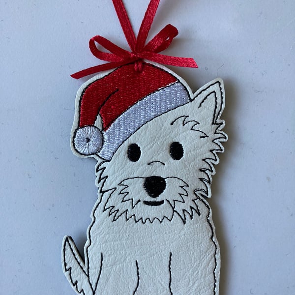 740. Westie with Santa hat Christmas tree hanging ornament.