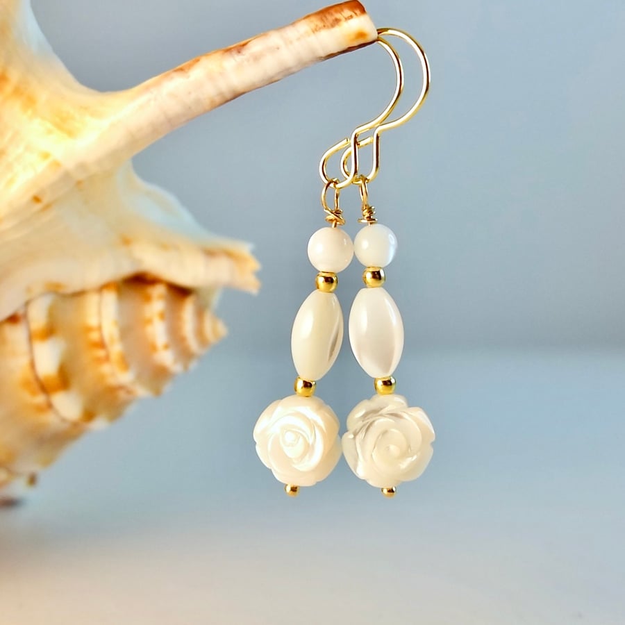 Mother Of Pearl Rose Earrings - Handmade Gift, Wedding, Bridesmaid, Anniversary