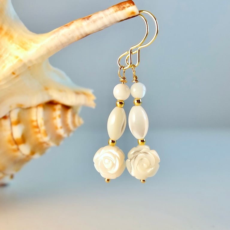 Mother Of Pearl Rose Earrings - Handmade Gift, Wedding, Bridesmaid, Anniversary