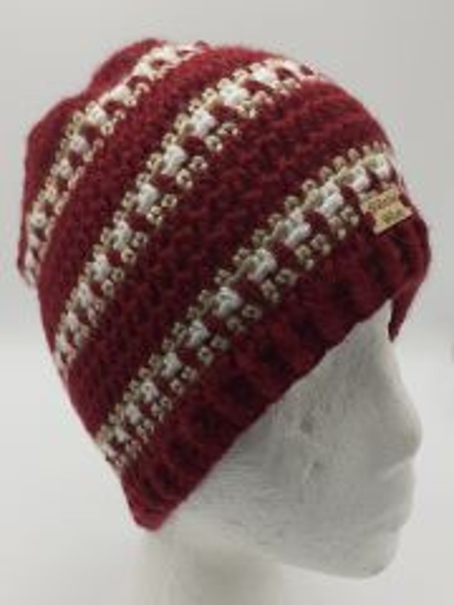 Burgundy Gold and Cream Beanie