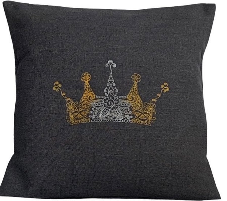 Ornate Gold & Silver Crown Embroidered Cushion Cover CHARCOAL 16”x16”