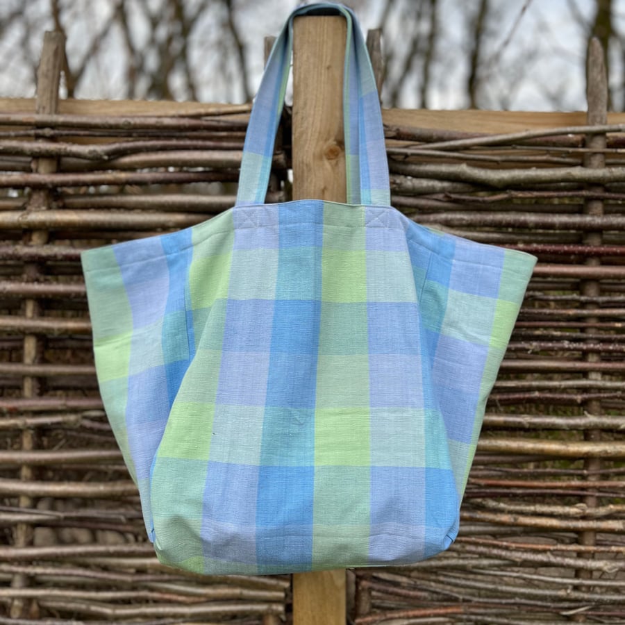 Green and blue checked cotton beach bag tote bag with floral print lining