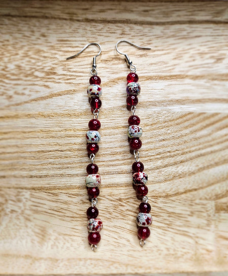 Red Beaded Dangle Earrings 