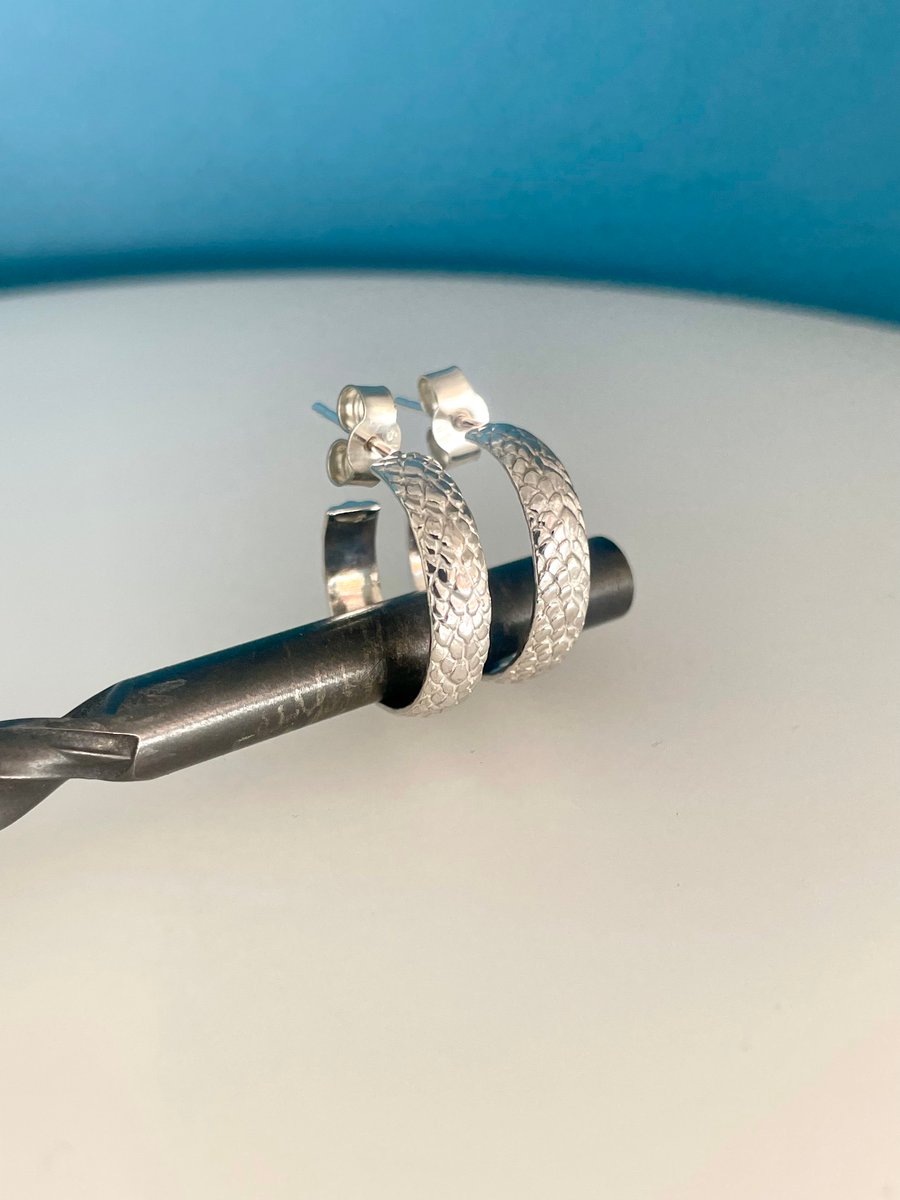 Snakeskin Patterned Sterling Silver Hoop Earrings Size 15mm - Handmade