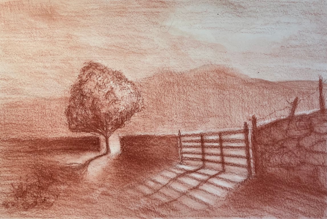 Ingleby fields winter -  sanguine chalk drawing (FULLY MOUNTED 12” x 10”) 