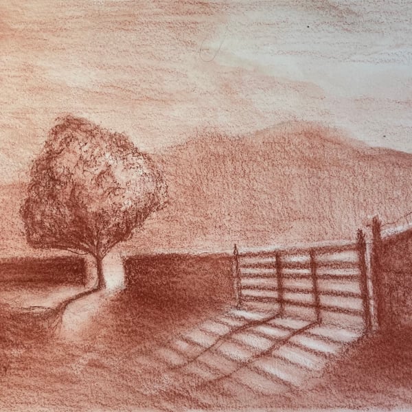 Ingleby fields winter -  sanguine chalk drawing (FULLY MOUNTED 12” x 10”) 