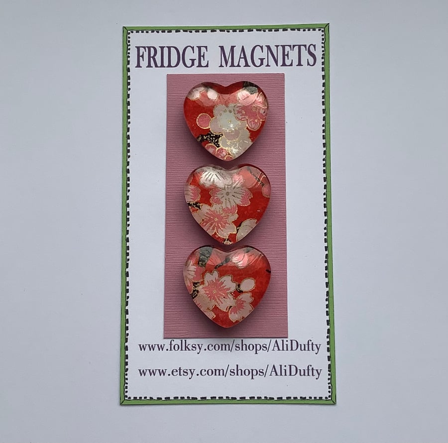 FRIDGE MAGNETS ( set of 3 )  Hearts. Blossom .Pink .Yuzen .Glass.
