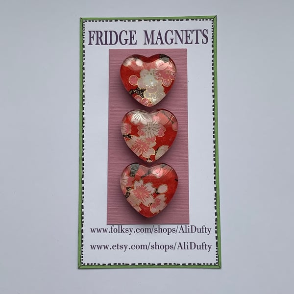 FRIDGE MAGNETS ( set of 3 )  Hearts. Blossom .Pink .Yuzen .Glass.