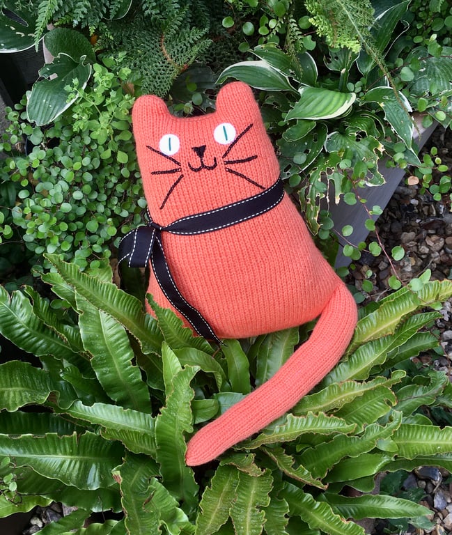 Hand knitted ginger cat,   collectables, cat shaped cushion    