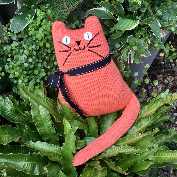 Hand knitted ginger cat,   collectables, cat shaped cushion    