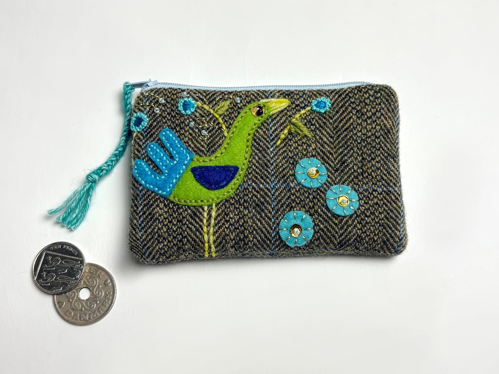Green herringbone wool check coin purse with hand embroidered peacock