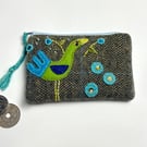 Green herringbone wool check coin purse with hand embroidered peacock