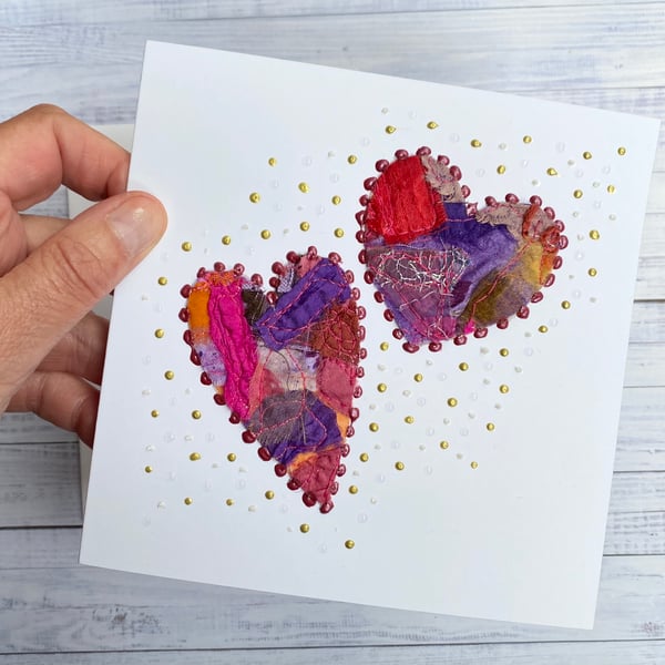 Up-cycled handmade fabric embroidered heart card. 