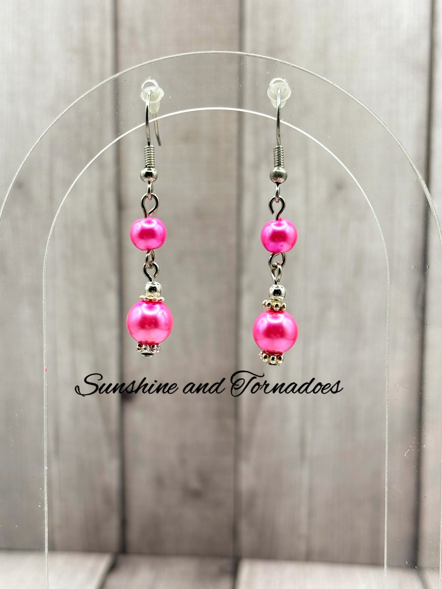 Pink Faux Pearl Drop Earrings on Hypoallergenic Ear Wires