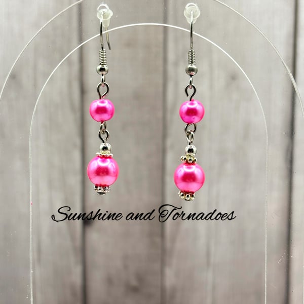 Pink Faux Pearl Drop Earrings on Hypoallergenic Ear Wires