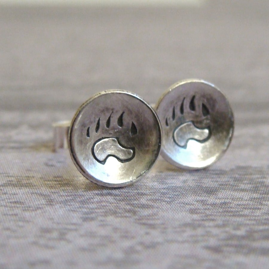 Sterling Silver Paw Print Stud Earrings - Wild Bear Earrings - Claw Studs - Dome
