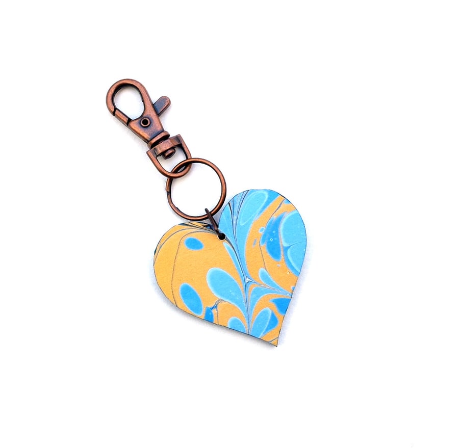 Colourful golden yellow and blue Marbled paper heart wood keyring bag charm 