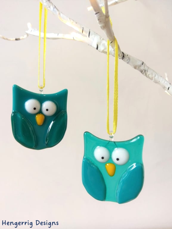 Teal Fused Glass Owls