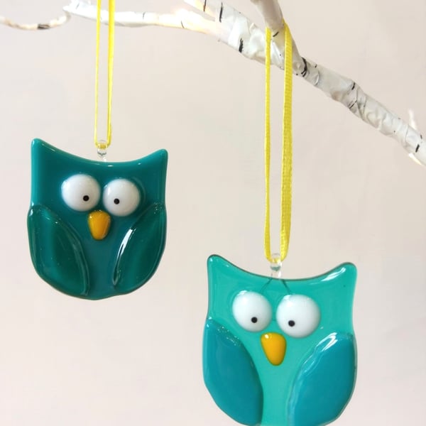 Teal Fused Glass Owls