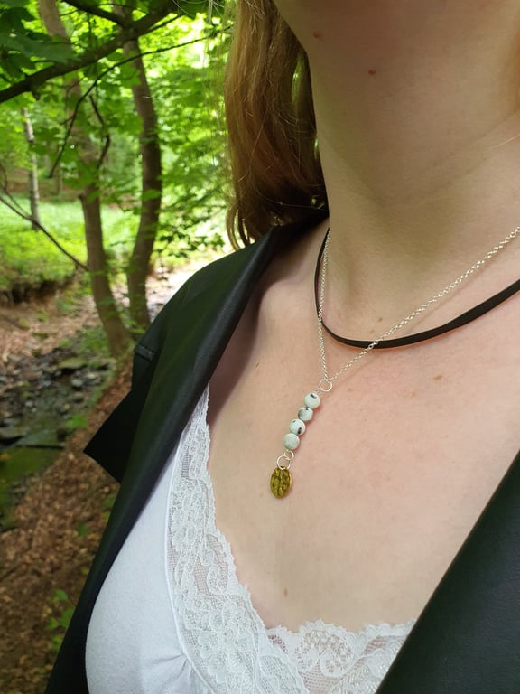 Kiwi sesame Jasper bead and faux vegan friendly leather sterling silver necklace