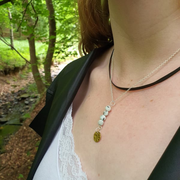 Kiwi sesame Jasper bead and faux vegan friendly leather sterling silver necklace