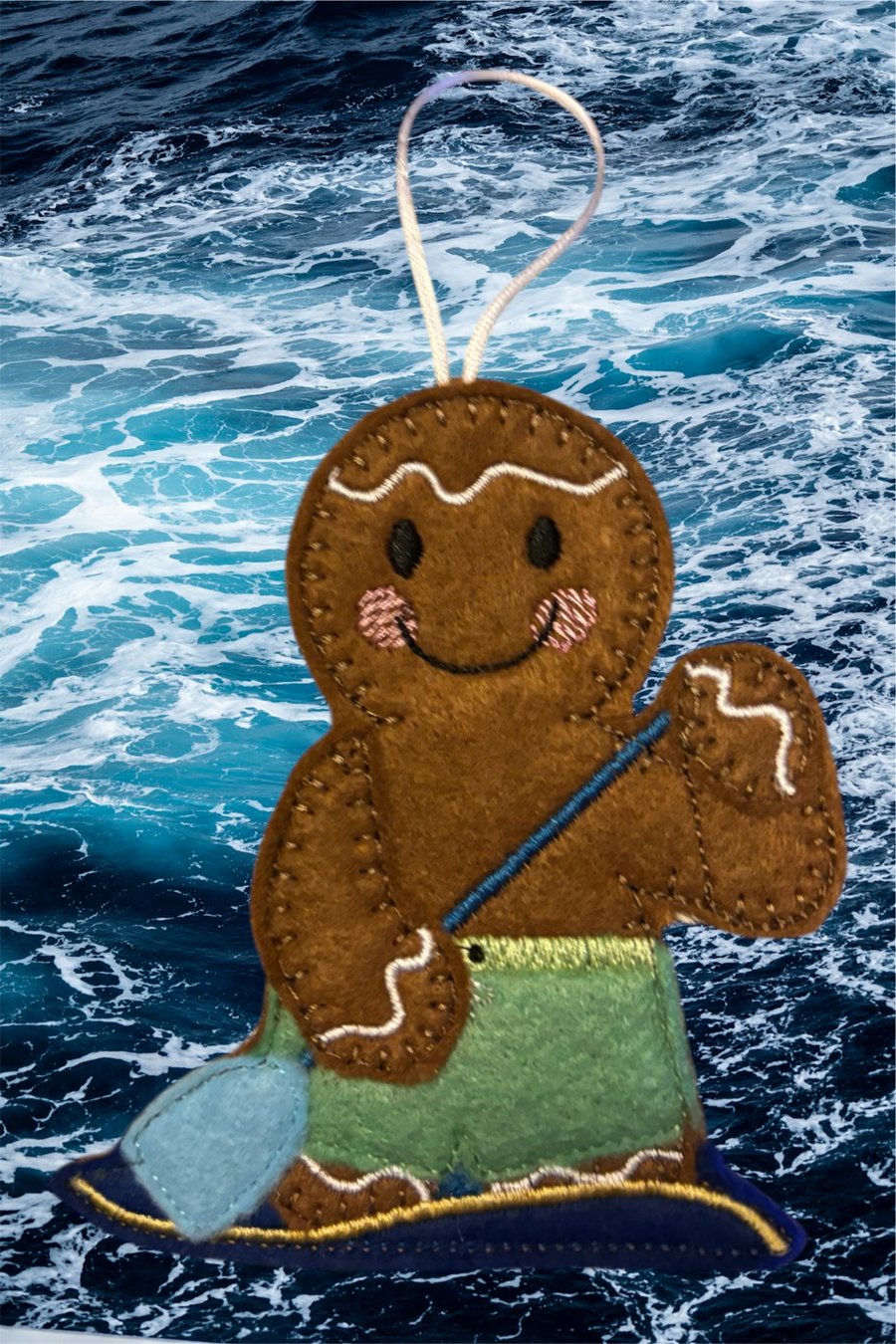 Male paddle boarding gingerbread Embroidered Hanging Keepsake 