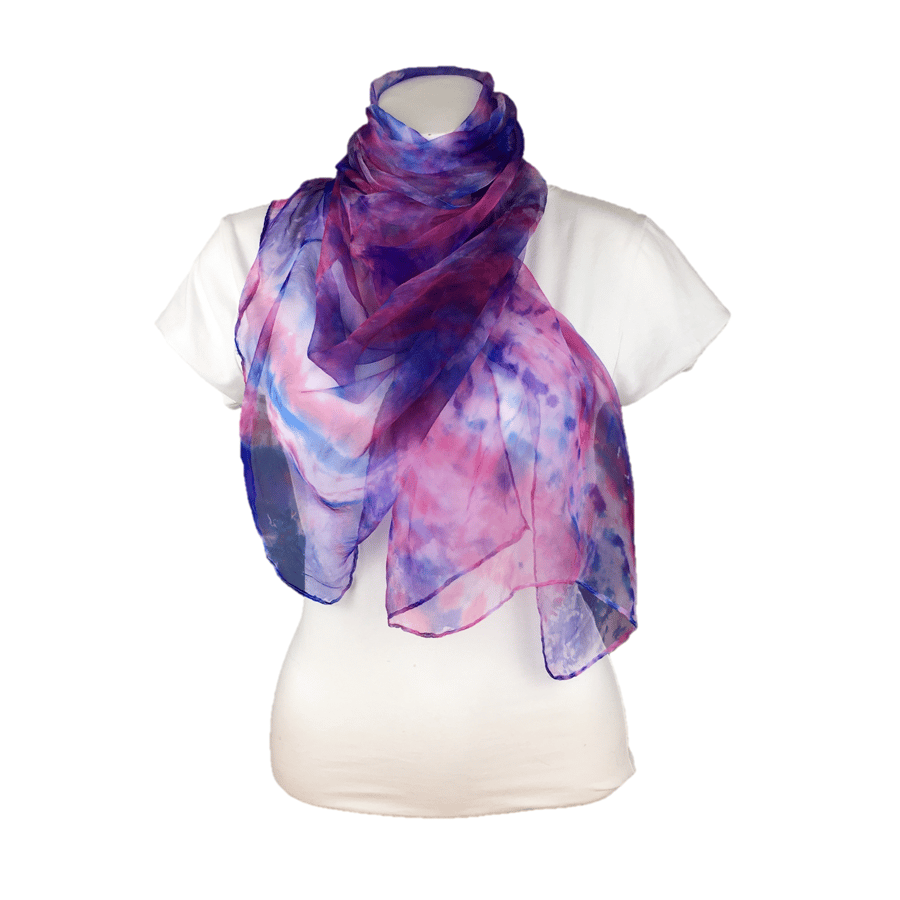 Silk chiffon fashion scarf, womens scarf, hand dyed, red, blue and purple