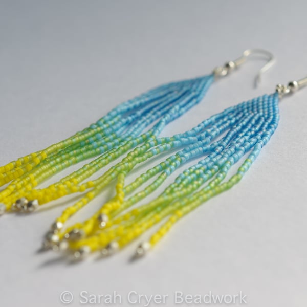 Parrot feather long beadwoven earrings