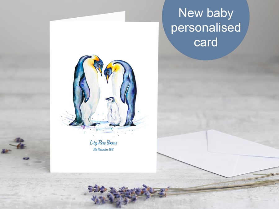 New baby personalised penguin card - any name