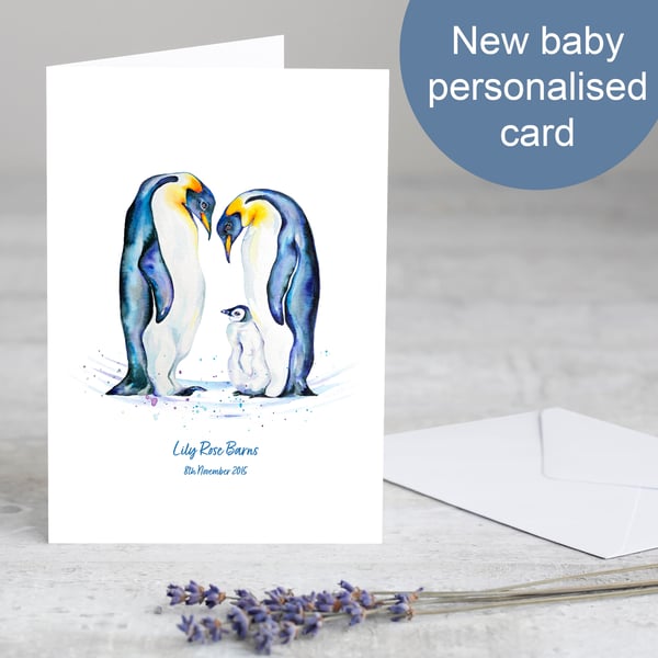 New baby personalised penguin card - any name