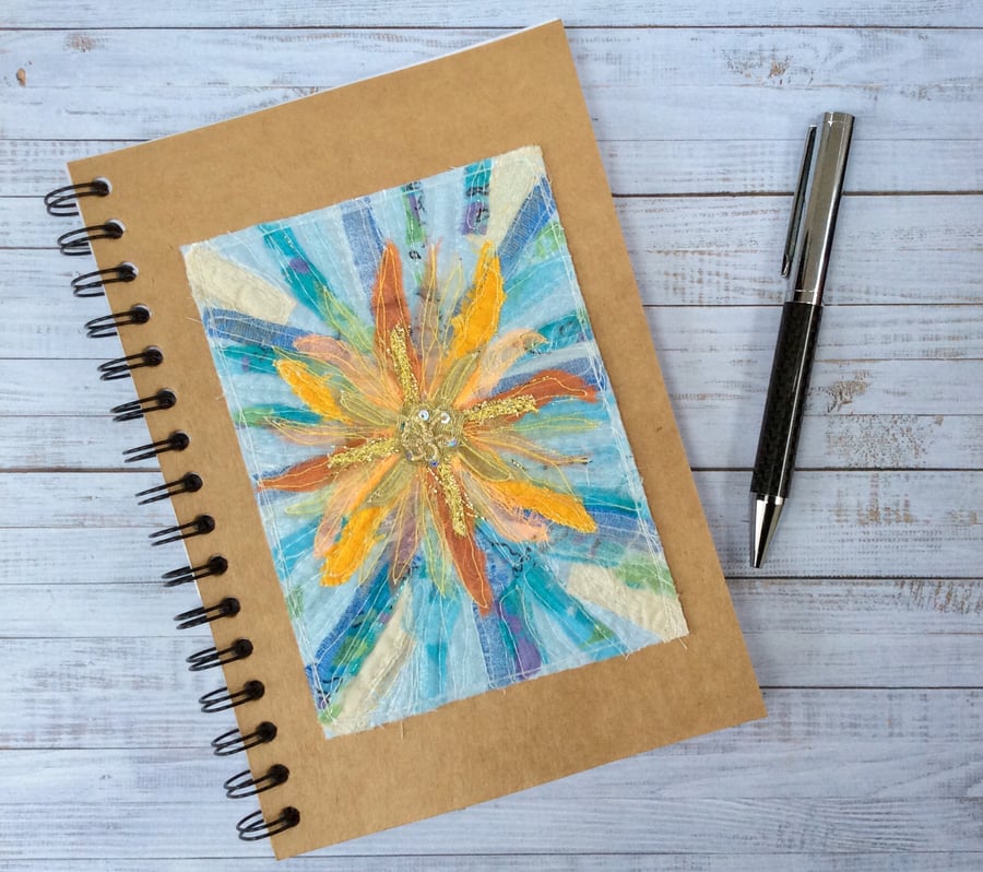 Embroidered Sun recycled notebook or journal. 