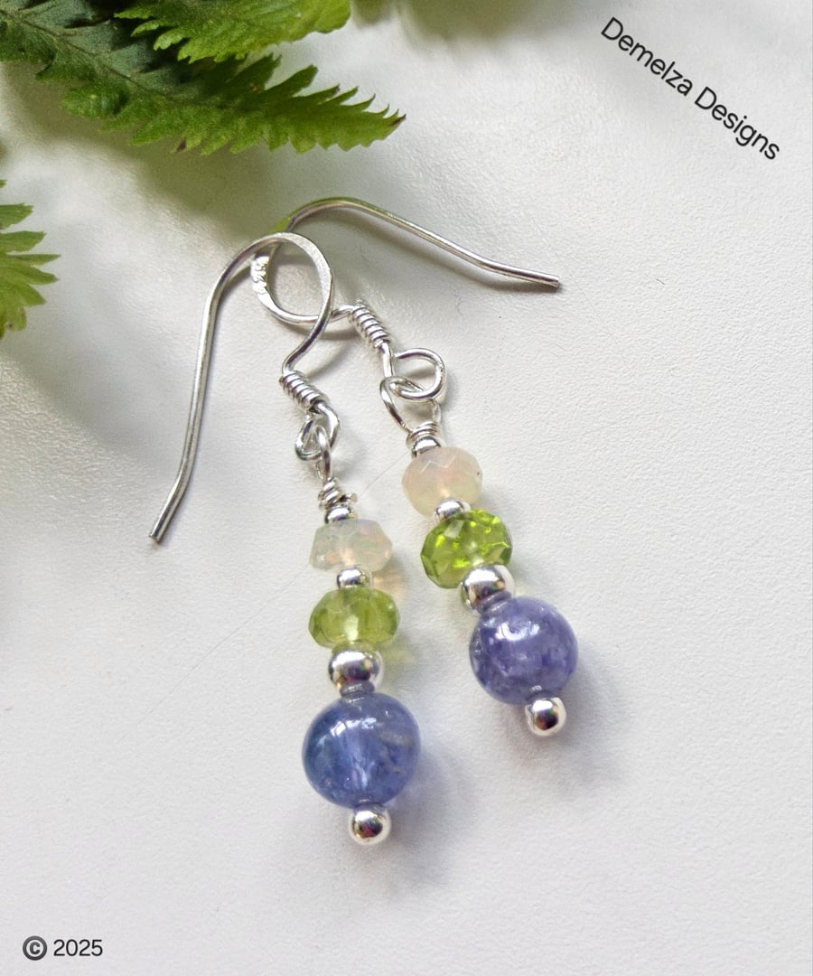 Designer AA Tanzanite, Peridot & Opal Sterling Silver Earrings