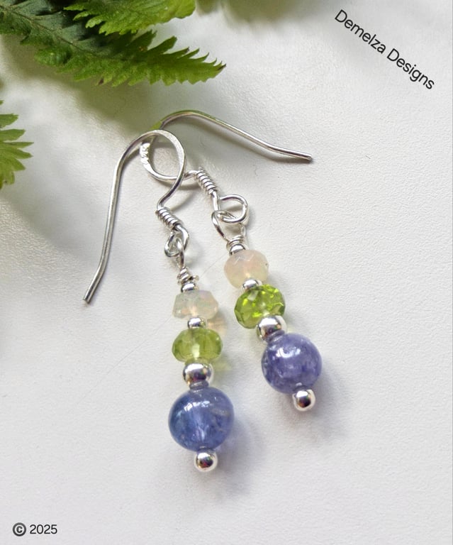 Designer AA Tanzanite, Peridot & Opal Sterling Silver Earrings