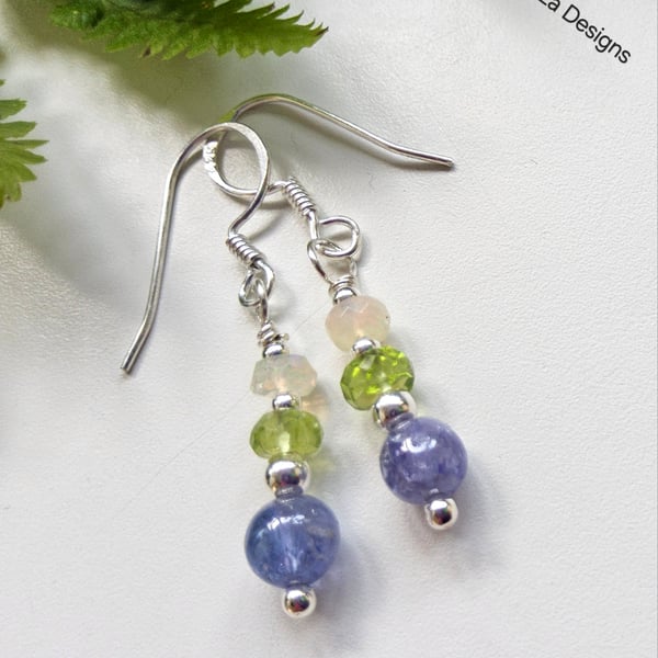 Designer AA Tanzanite, Peridot & Opal Sterling Silver Earrings