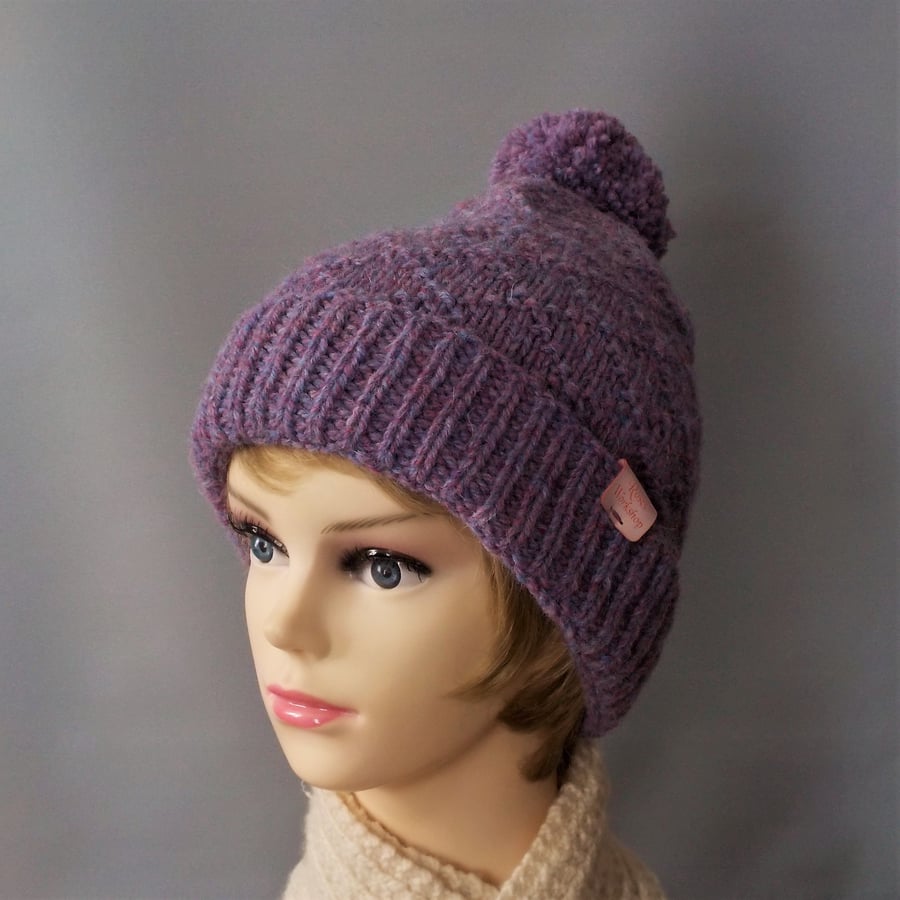 Bobble hat lilac diamond hand knitted ladies beanie soft British wool