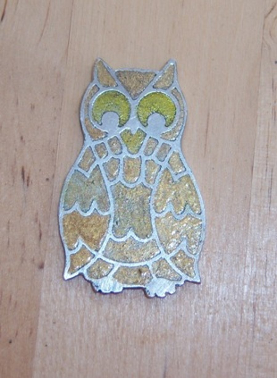 Owl in etched and painted pewter