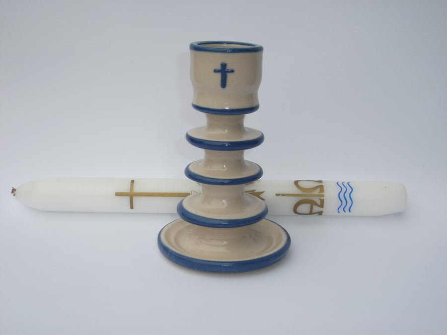 Tall Blue Christening, Baptism or New Baby Candlestick