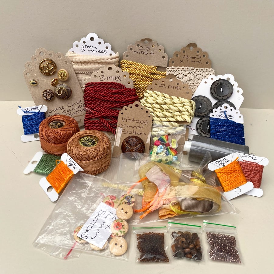 Sewing supplies gift, box of haberdashery trimmings, mixed buttons, beads, trims