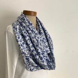 100% Fine COTTON  lawn infinity scarf. ' Delft '. Blue, white . Floral.