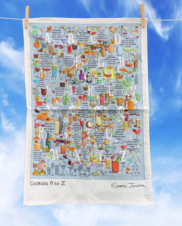 Cocktail Alphabet tea towel 100% organic cotton designed and made in the UK