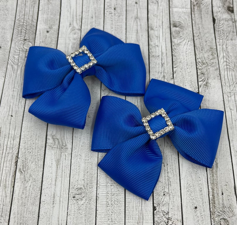 Royal Blue Classic Double Bows with Square Diamond Buckle on Clips (pair)