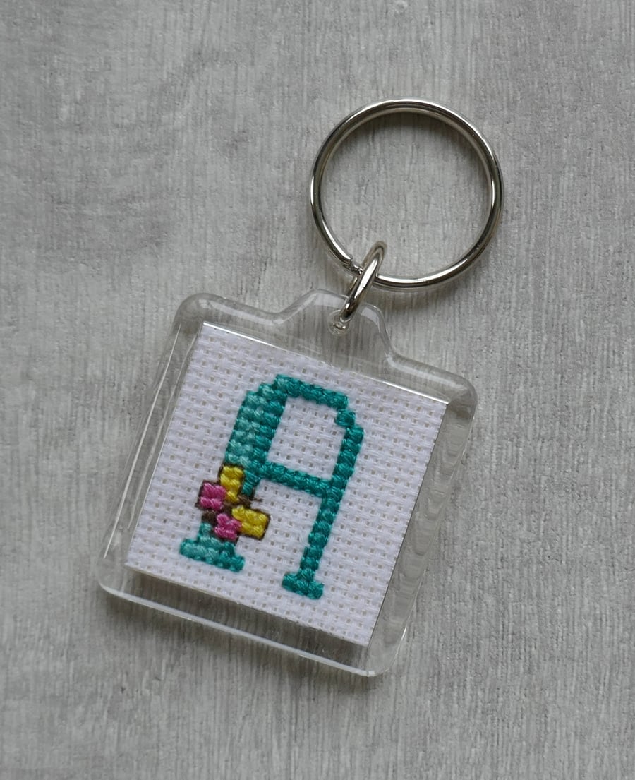 Turquoise Initial Keyring with Pink and Yellow Butterfly - Choose Letter