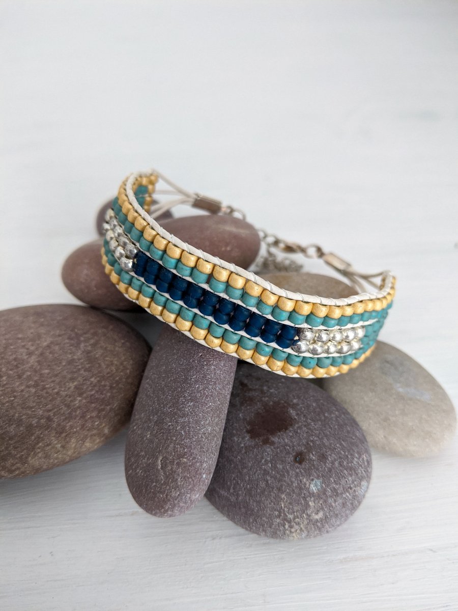 Turquoise Beaded Leather Loom Bracelet 
